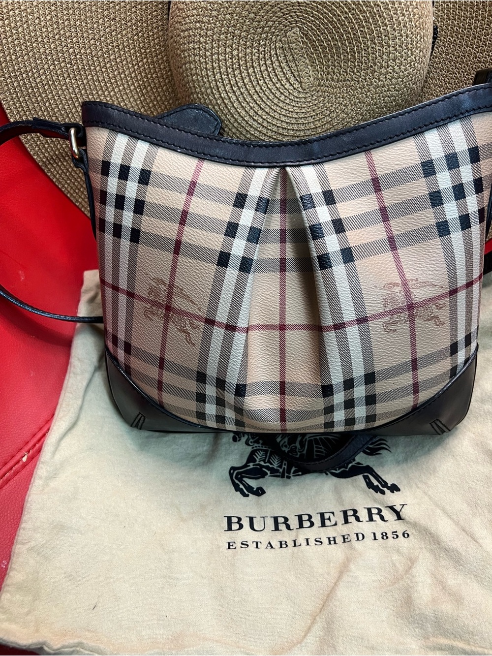 Burberry Tan Check Crossbody with Black Trim and Red Stripe - Picture 8 of 8